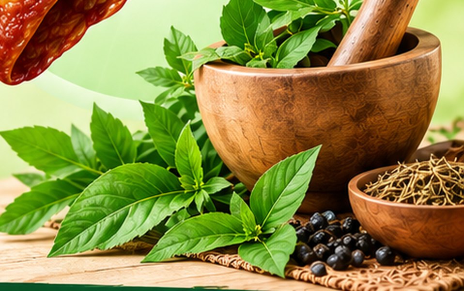 Wooden mortar and pestle with fresh Ayurvedic herbs, leaves and spices